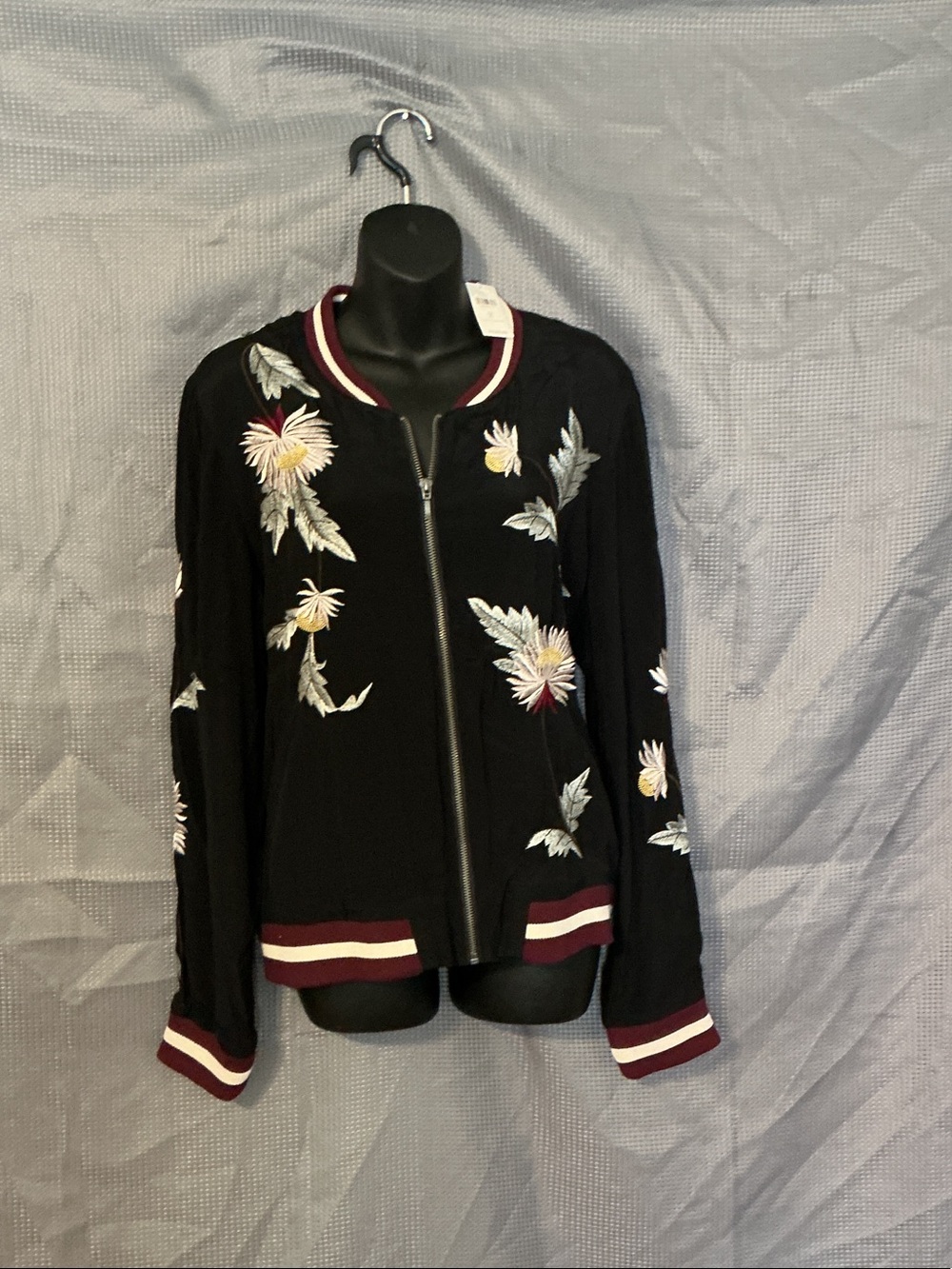 Anthropologie Black Bomber Jacket with Floral Embroidery and Burgundy-White Trim